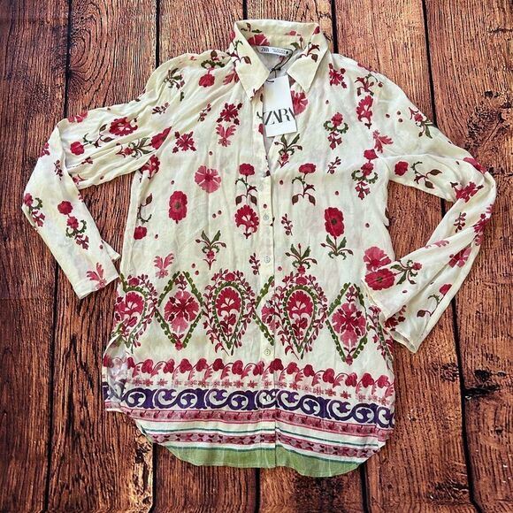 ZARA Women Floral Print Button Down Long Sleeve Shirt Cream Pink Green Size S - Picture 3 of 11